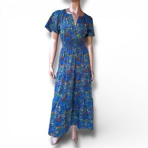 SUGARLIPS dress maxi cotton floral colorful tiered - smocked waist XS NWT SS